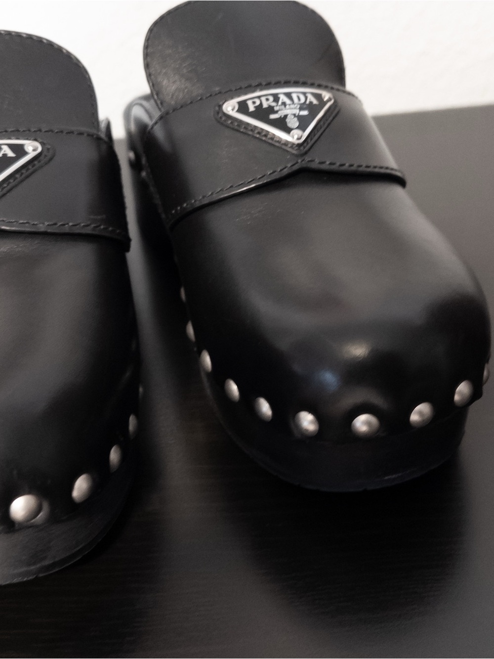 PRADA Mules Clogs Black Leather Studded Platform, Size 7 / EU 38 - Picture 9 of 13